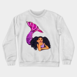 Magical rainbow mermaid lying on sand with brown eyes curly Afro hair and caramel skin, black mermaid Crewneck Sweatshirt